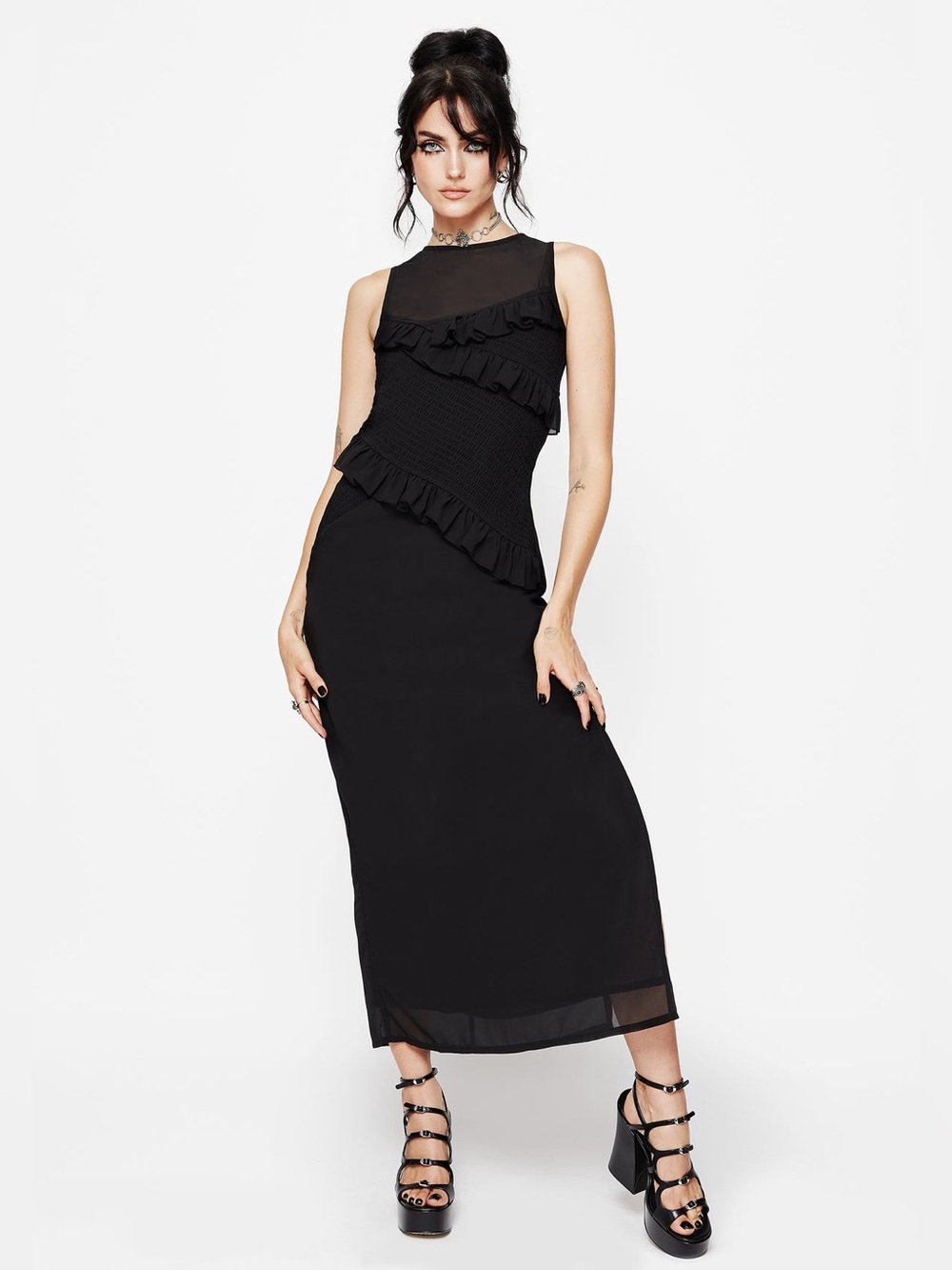 Reflections Frill Detail Maxi Dress Sz 10 – Gothic Romantic Black Dress